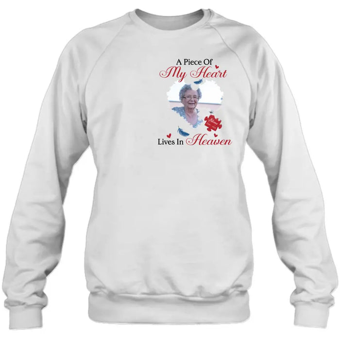 Personalized Memorial Photo Shirt/Hoodie - Memorial Gift Idea for Mother's Day/Father's Day - A Piece Of My Heart Lives In Heaven
