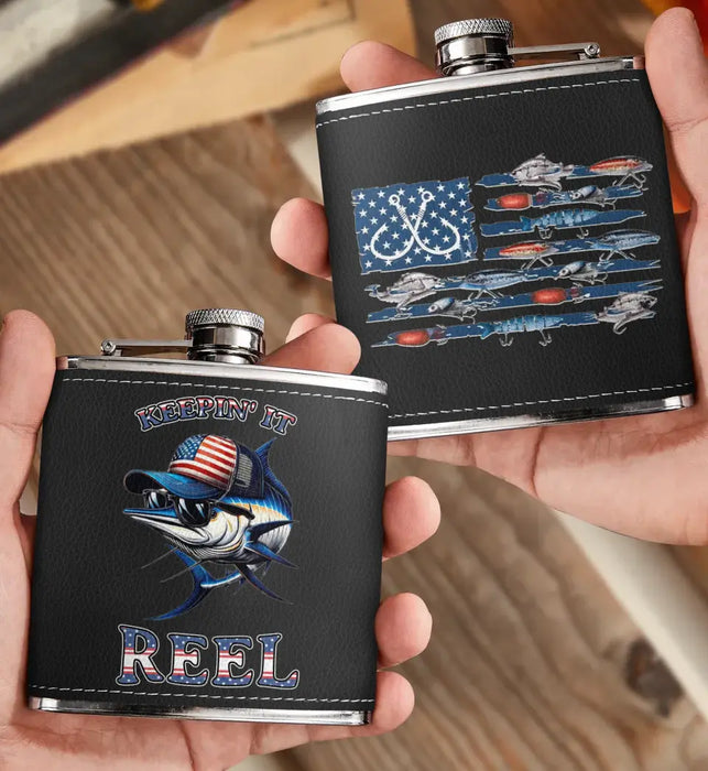 Personalized Fishing Leather Flask - Father's Day Gift Idea for Fishing Lovers - Keepin' It Reel