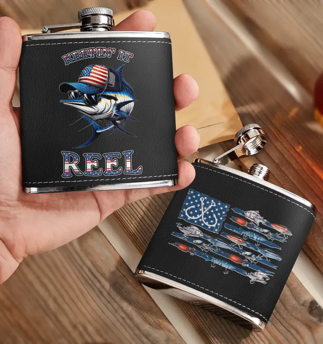 Personalized Fishing Leather Flask - Father's Day Gift Idea for Fishing Lovers - Keepin' It Reel