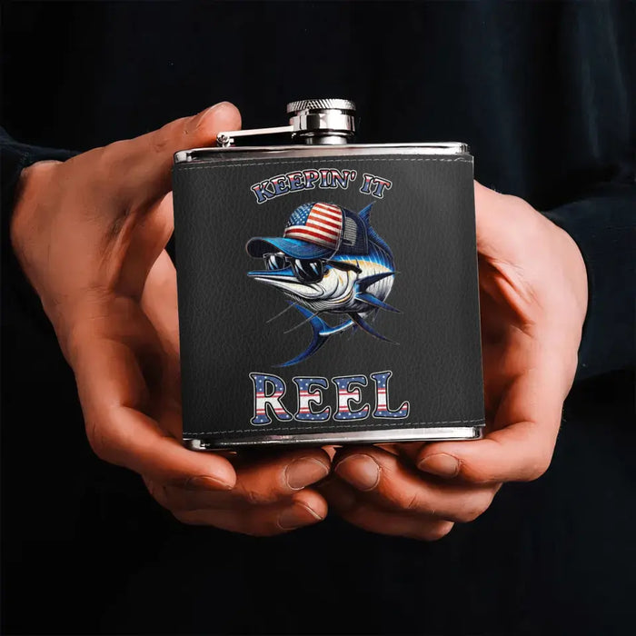 Personalized Fishing Leather Flask - Father's Day Gift Idea for Fishing Lovers - Keepin' It Reel