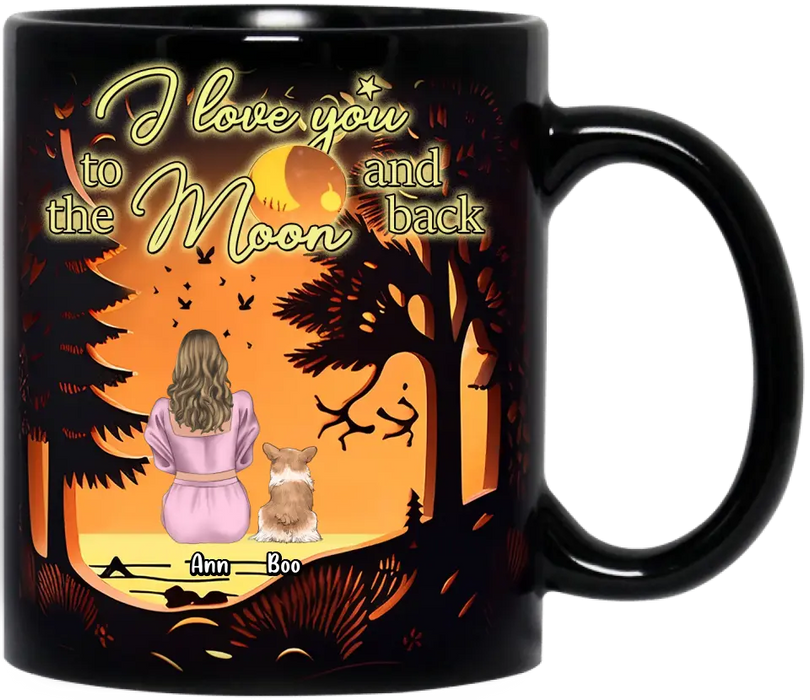 Personalized Dog Mom Black Coffee Mug - Up to 3 Dogs - Mother's Day Gift Idea for Dog Lovers - I Love You To The Moon And Back