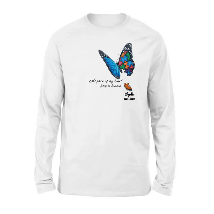 Personalized Memorial Butterfly Shirt/Hoodie - Up to 4 Puzzles - Memorial Gift Idea for Mother's Day/Father's Day - A Piece Of My Heart Lives In Heaven