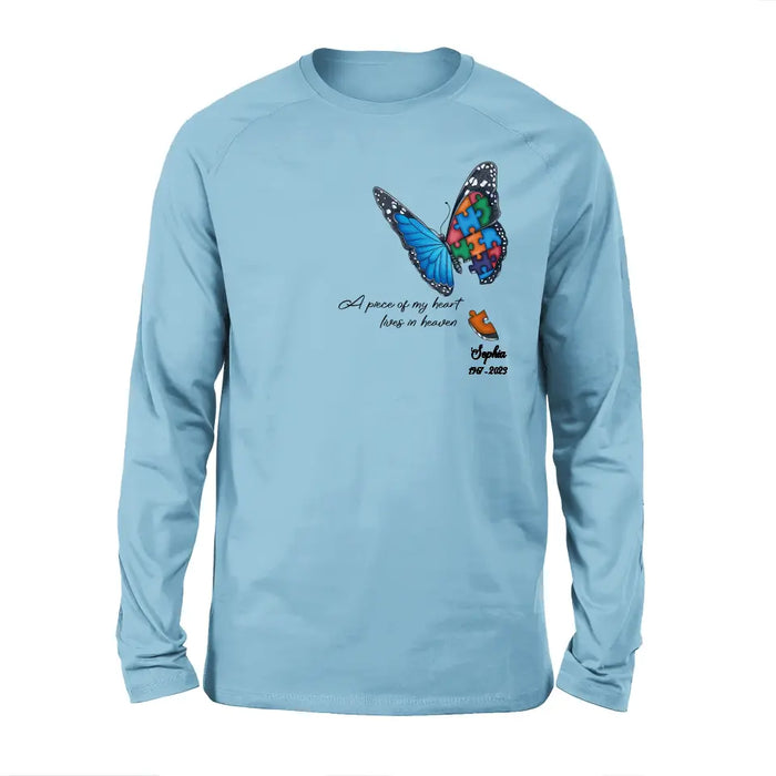 Personalized Memorial Butterfly Shirt/Hoodie - Up to 4 Puzzles - Memorial Gift Idea for Mother's Day/Father's Day - A Piece Of My Heart Lives In Heaven