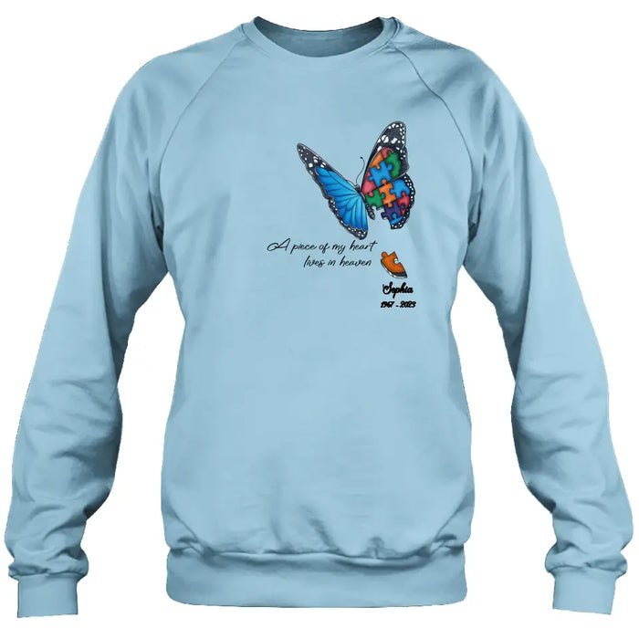 Personalized Memorial Butterfly Shirt/Hoodie - Up to 4 Puzzles - Memorial Gift Idea for Mother's Day/Father's Day - A Piece Of My Heart Lives In Heaven