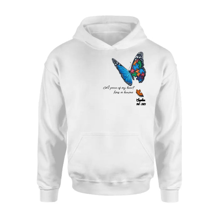 Personalized Memorial Butterfly Shirt/Hoodie - Up to 4 Puzzles - Memorial Gift Idea for Mother's Day/Father's Day - A Piece Of My Heart Lives In Heaven