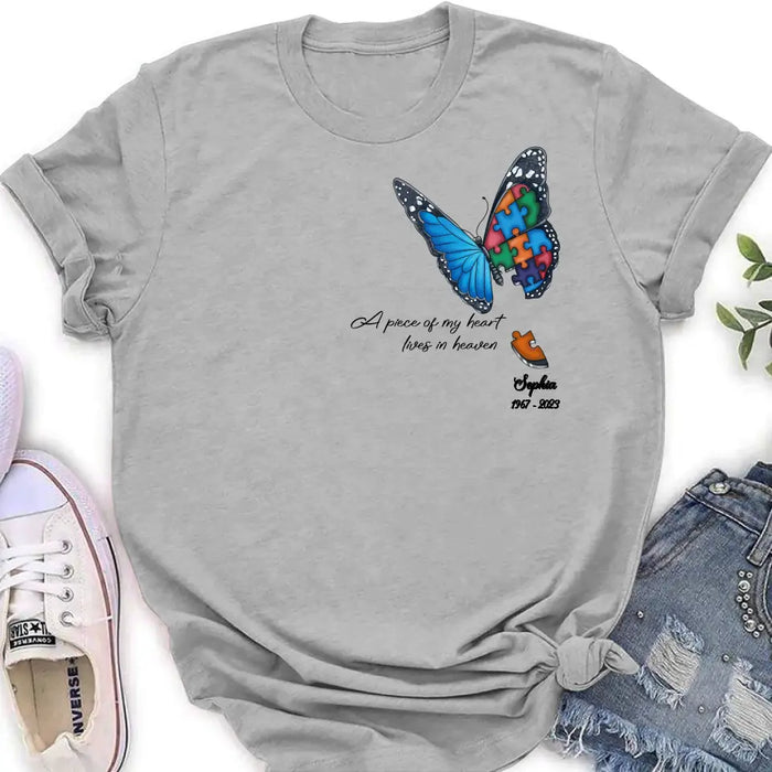 Personalized Memorial Butterfly Shirt/Hoodie - Up to 4 Puzzles - Memorial Gift Idea for Mother's Day/Father's Day - A Piece Of My Heart Lives In Heaven