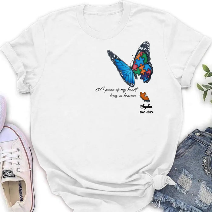 Personalized Memorial Butterfly Shirt/Hoodie - Up to 4 Puzzles - Memorial Gift Idea for Mother's Day/Father's Day - A Piece Of My Heart Lives In Heaven