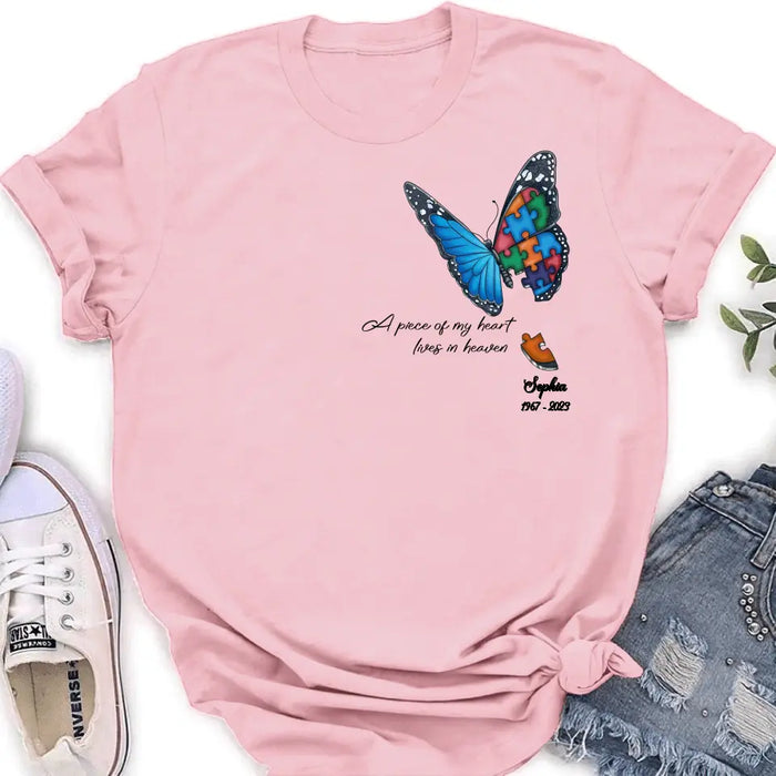 Personalized Memorial Butterfly Shirt/Hoodie - Up to 4 Puzzles - Memorial Gift Idea for Mother's Day/Father's Day - A Piece Of My Heart Lives In Heaven