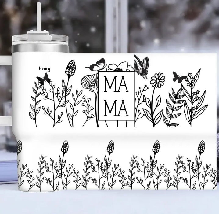 Personalized Mama Wildflower Butterfly 40oz Tumbler - Up to 10 Kids - Mother's Day Gift For Mom/Grandma