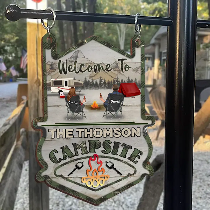 Personalized Camping Couple Wooden Sign - Gift Idea For Camping Lover/Couple - Couple/Parents With Up to 2 Kids And 3 Pets - Welcome To The Campsite