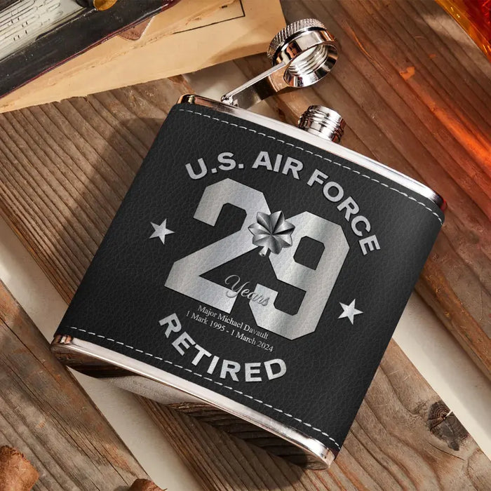 Personalized Retired Veteran Leather Flask - Father's Day Gift Idea for Veteran