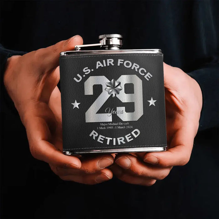 Personalized Retired Veteran Leather Flask - Father's Day Gift Idea for Veteran