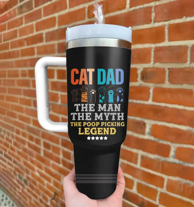 Personalized Cat Dad 40oz Tumbler - Father's Day Gift To Cat Lover - Up to 7 Cats - Cat Dad The Man The Myth The Poop Picking Legend