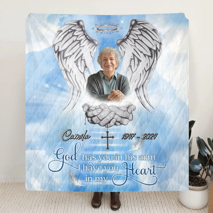 Personalized Memorial Fleece Throw Blanket/Quilt - Upload Photo - Memorial Gift Idea For Family Member - God Has You In His Arms I Have You In My Heart
