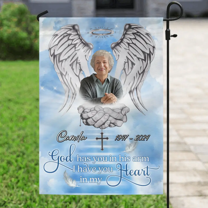 Personalized Memorial Garden Flag Sign - Memorial Gift Idea - Upload Photo - God Has You In His Arms I Have You In My Heart