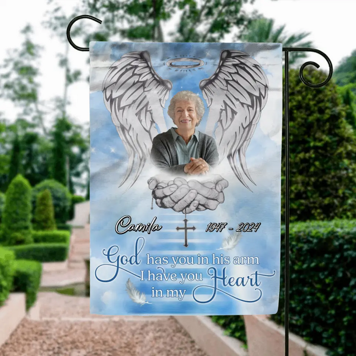 Personalized Memorial Garden Flag Sign - Memorial Gift Idea - Upload Photo - God Has You In His Arms I Have You In My Heart