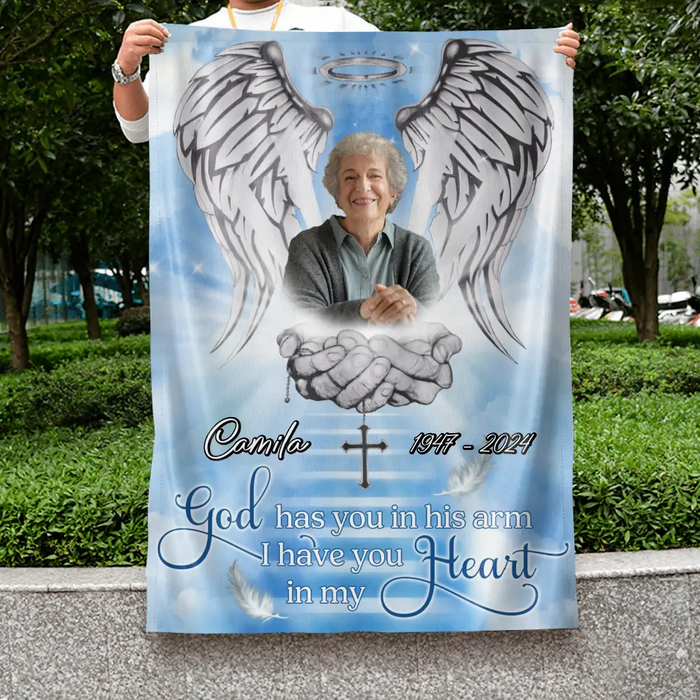Personalized Memorial Garden Flag Sign - Memorial Gift Idea - Upload Photo - God Has You In His Arms I Have You In My Heart