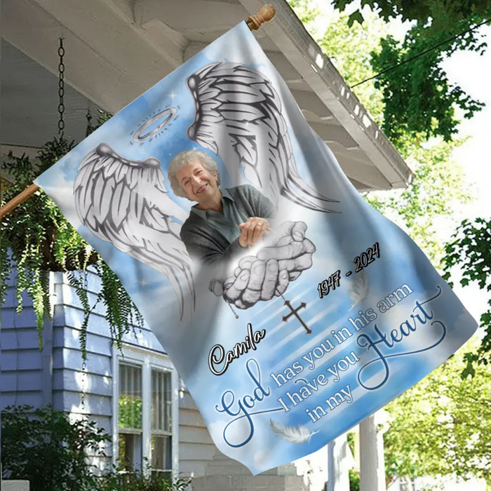 Personalized Memorial Garden Flag Sign - Memorial Gift Idea - Upload Photo - God Has You In His Arms I Have You In My Heart