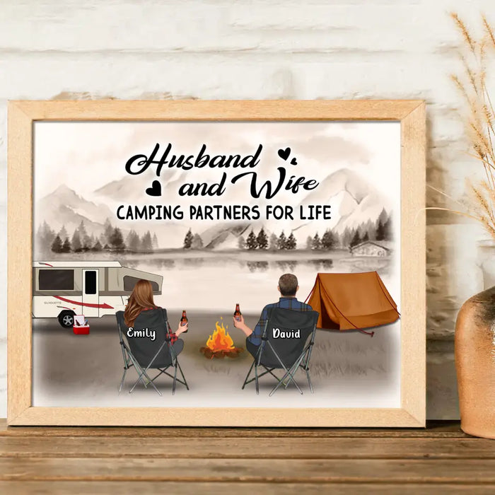 Personalized Retro Vintage Camping Poster - Gift Idea For Family/Camping Lover - Couple/Parents/Single Parent With Up to 3 Kids And 4 Pets - Happy Campers
