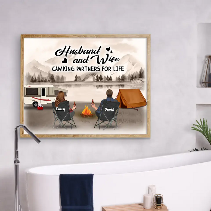 Personalized Retro Vintage Camping Poster - Gift Idea For Family/Camping Lover - Couple/Parents/Single Parent With Up to 3 Kids And 4 Pets - Happy Campers