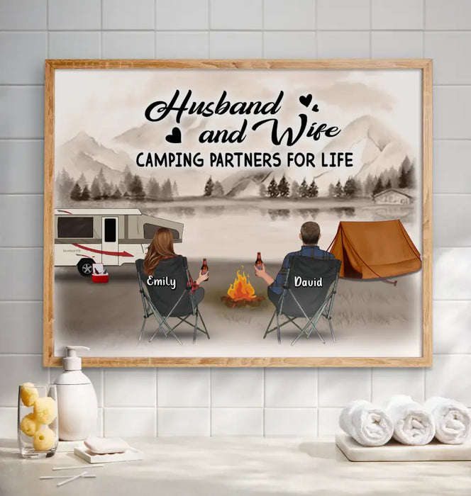 Personalized Retro Vintage Camping Poster - Gift Idea For Family/Camping Lover - Couple/Parents/Single Parent With Up to 3 Kids And 4 Pets - Happy Campers
