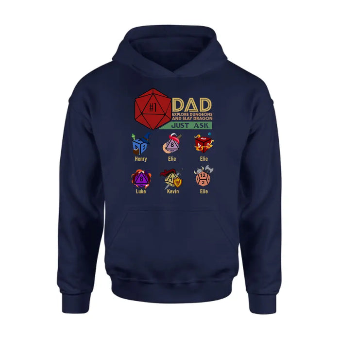 Personalized #1 DAD Explore Dungeons And Slay Dragon Shirt/Hoodie -  Gift Idea for Father's Day - Up to 6 Kids