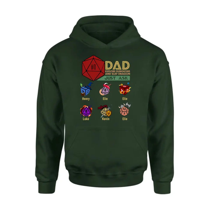 Personalized #1 DAD Explore Dungeons And Slay Dragon Shirt/Hoodie -  Gift Idea for Father's Day - Up to 6 Kids