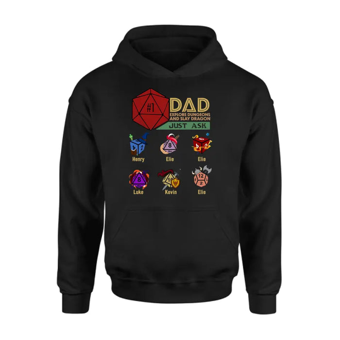 Personalized #1 DAD Explore Dungeons And Slay Dragon Shirt/Hoodie -  Gift Idea for Father's Day - Up to 6 Kids