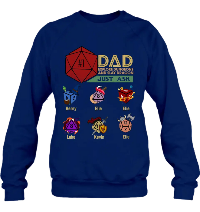 Personalized #1 DAD Explore Dungeons And Slay Dragon Shirt/Hoodie -  Gift Idea for Father's Day - Up to 6 Kids