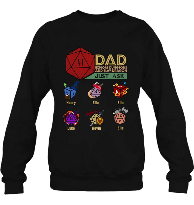 Personalized #1 DAD Explore Dungeons And Slay Dragon Shirt/Hoodie -  Gift Idea for Father's Day - Up to 6 Kids