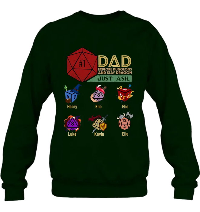 Personalized #1 DAD Explore Dungeons And Slay Dragon Shirt/Hoodie -  Gift Idea for Father's Day - Up to 6 Kids