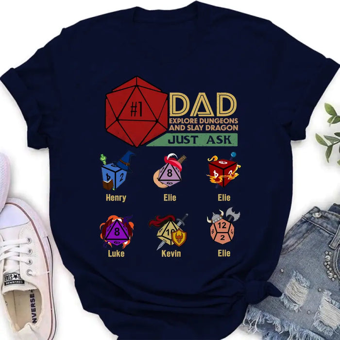 Personalized #1 DAD Explore Dungeons And Slay Dragon Shirt/Hoodie -  Gift Idea for Father's Day - Up to 6 Kids