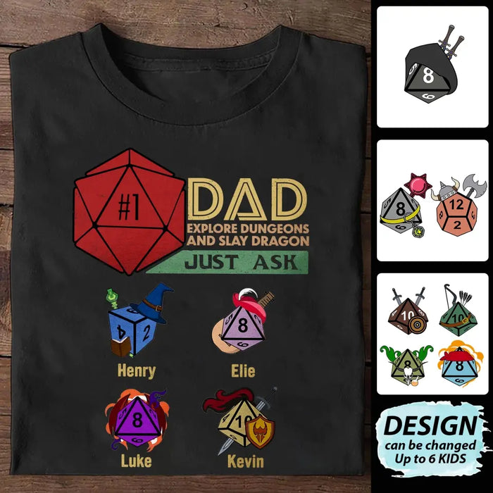 Personalized #1 DAD Explore Dungeons And Slay Dragon Shirt/Hoodie -  Gift Idea for Father's Day - Up to 6 Kids