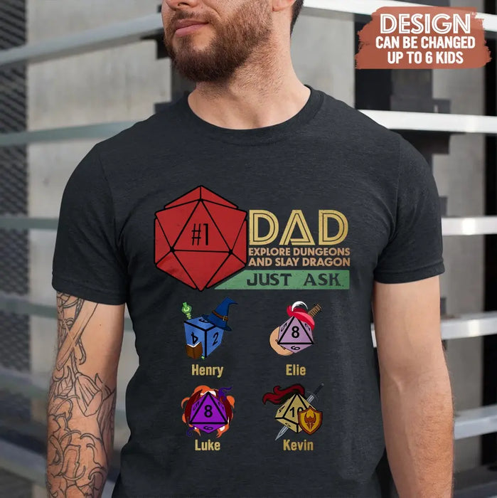 Personalized #1 DAD Explore Dungeons And Slay Dragon Shirt/Hoodie -  Gift Idea for Father's Day - Up to 6 Kids