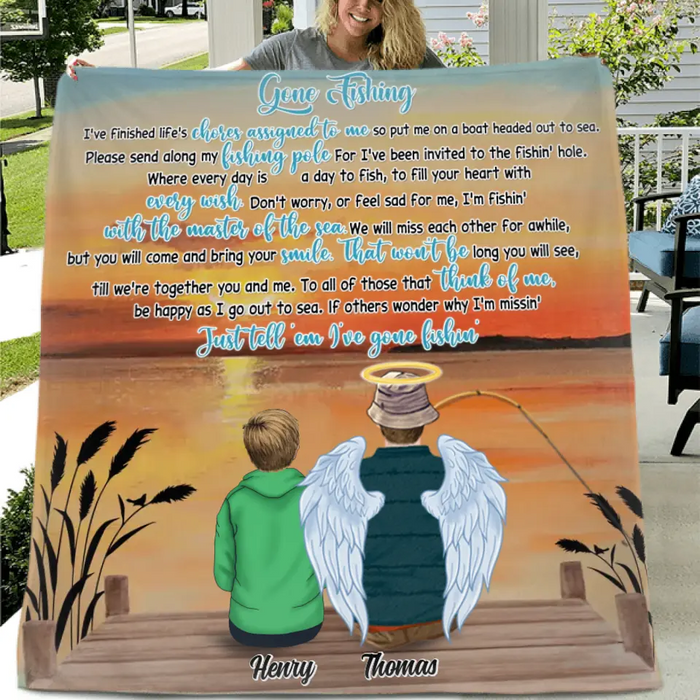 Personalized Gone Fishing In Heaven Fleece Throw Blanket/Quilt - Memorial Gift Idea For Dad