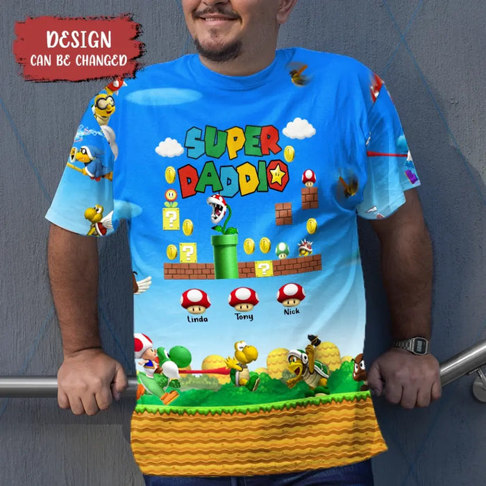 Personalized Supper Daddio AOP T-Shirt - Up to 7 Kids - Father's Day/Birthday Gift To Dad/Father/Step Dad