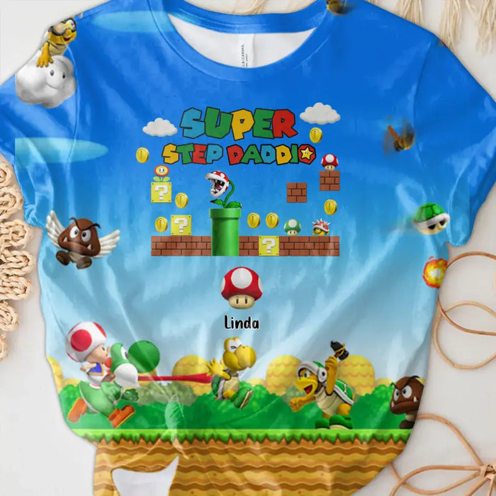 Personalized Supper Daddio AOP T-Shirt - Up to 7 Kids - Father's Day/Birthday Gift To Dad/Father/Step Dad