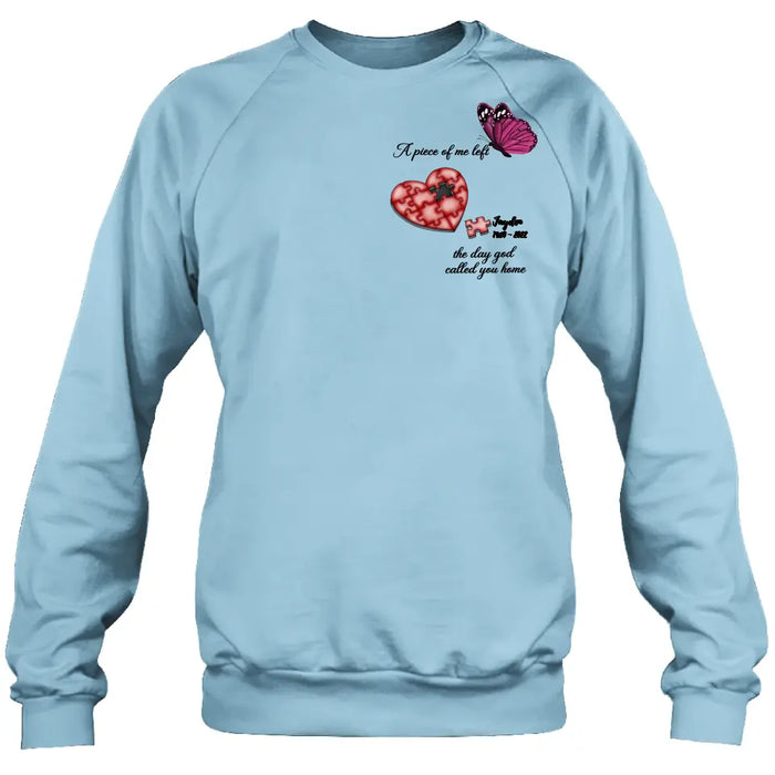 Personalized Memorial Puzzle Shirt/Hoodie - Up to 7 Pieces - Memorial Gift Idea for Mother's Day/Father's Day - A Piece Of Me Left The Day God Called You Home