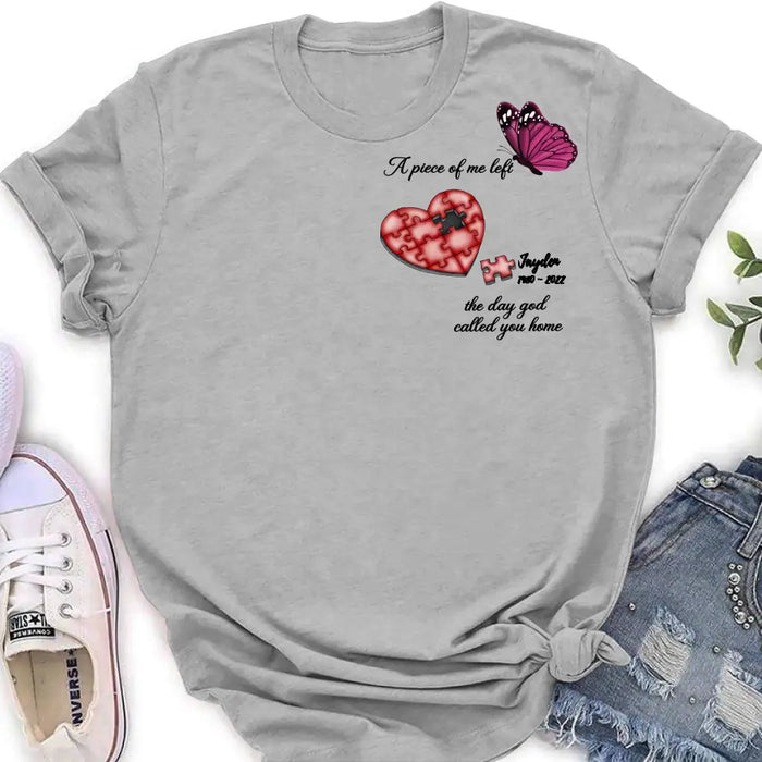 Personalized Memorial Puzzle Shirt/Hoodie - Up to 7 Pieces - Memorial Gift Idea for Mother's Day/Father's Day - A Piece Of Me Left The Day God Called You Home