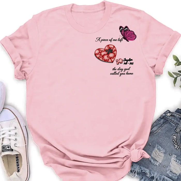 Personalized Memorial Puzzle Shirt/Hoodie - Up to 7 Pieces - Memorial Gift Idea for Mother's Day/Father's Day - A Piece Of Me Left The Day God Called You Home