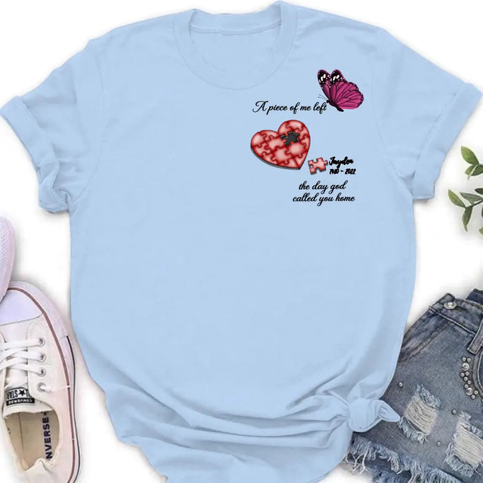Personalized Memorial Puzzle Shirt/Hoodie - Up to 7 Pieces - Memorial Gift Idea for Mother's Day/Father's Day - A Piece Of Me Left The Day God Called You Home
