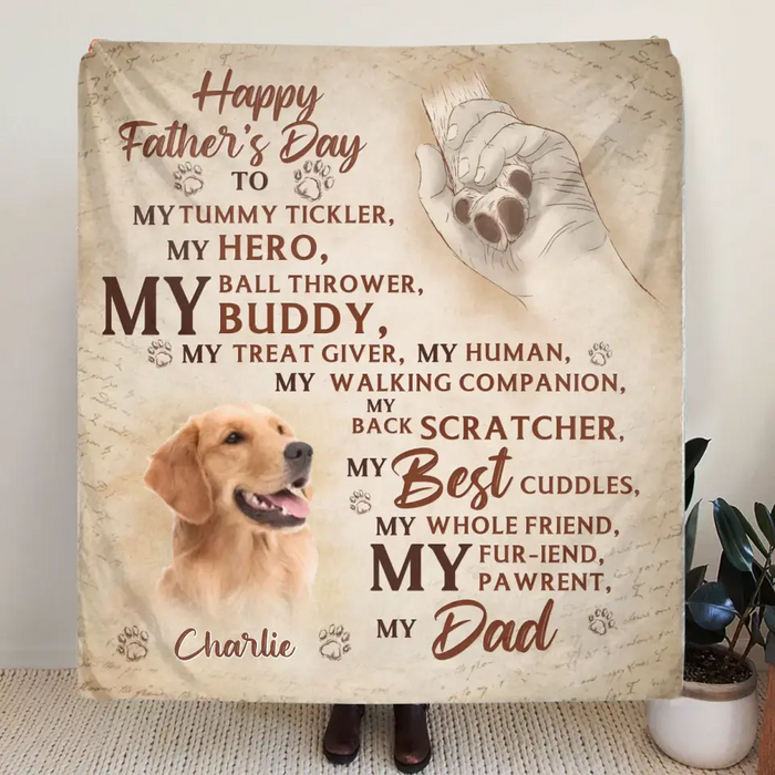 Personalized Father's Day Fleece Throw Blanket - Gift Idea For Dog Owner - Upload Dog Photo - Happy Father's Day To My Hero