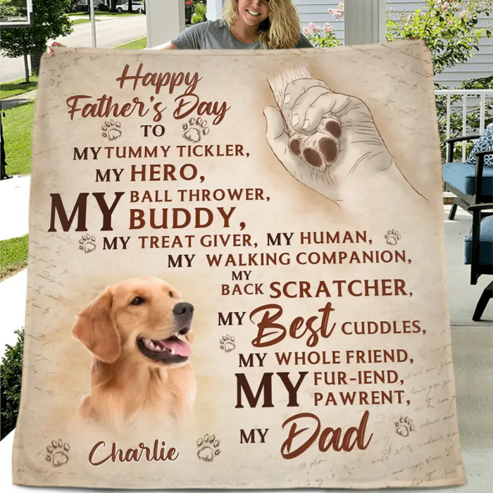 Personalized Father's Day Fleece Throw Blanket - Gift Idea For Dog Owner - Upload Dog Photo - Happy Father's Day To My Hero