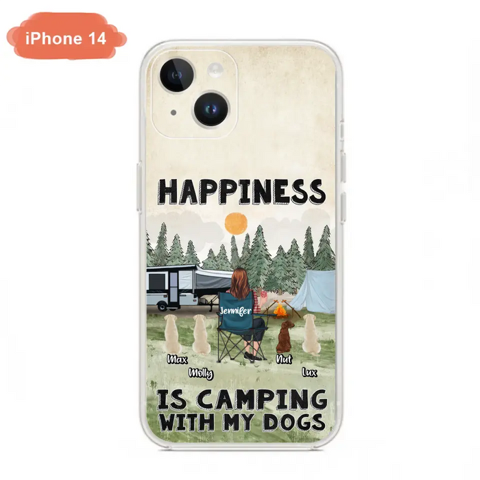 Personalized Camping Phone Case - Gift Idea For Girl & Dogs - Up to 4 Dogs - Happiness Is Camping With My Dogs - Case For iPhone/Samsung