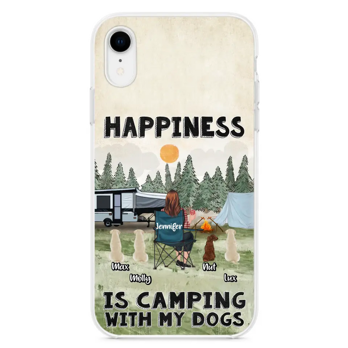 Personalized Camping Phone Case - Gift Idea For Girl & Dogs - Up to 4 Dogs - Happiness Is Camping With My Dogs - Case For iPhone/Samsung
