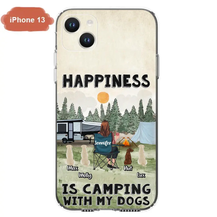 Personalized Camping Phone Case - Gift Idea For Girl & Dogs - Up to 4 Dogs - Happiness Is Camping With My Dogs - Case For iPhone/Samsung