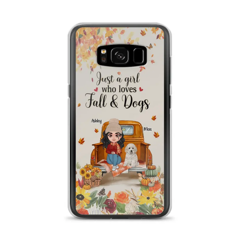 Custom Personalized Dog Mom Autumn Phone Case - Gift Idea For Dog Owners - Upto 5 Dogs -  Case For iPhone/Samsung - Just A Girl Who Loves Fall & Dogs