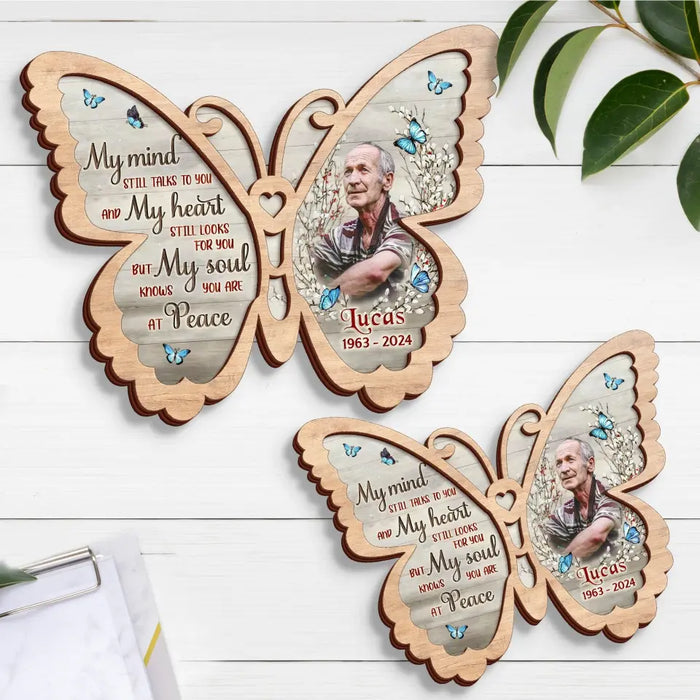 Personalized Memorial Butterfly 2 Layered Wooden Art - Upload Photo - Gift Idea For Family Member/Father's Day/Mother's Day - My Mind Still Talks To You