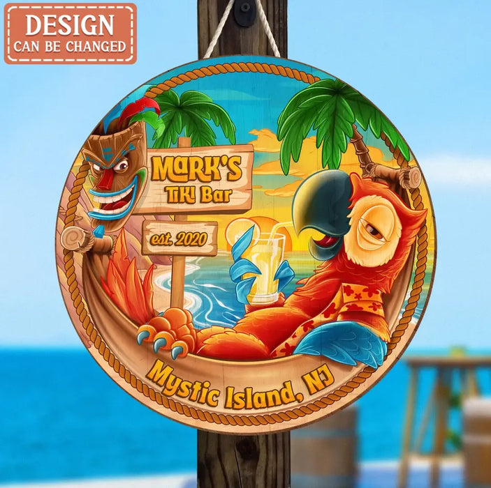 Personalized Tiki Bar Round Wooden Sign - Summer Gift Idea For Family/Friend
