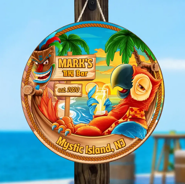 Personalized Tiki Bar Round Wooden Sign - Summer Gift Idea For Family/Friend
